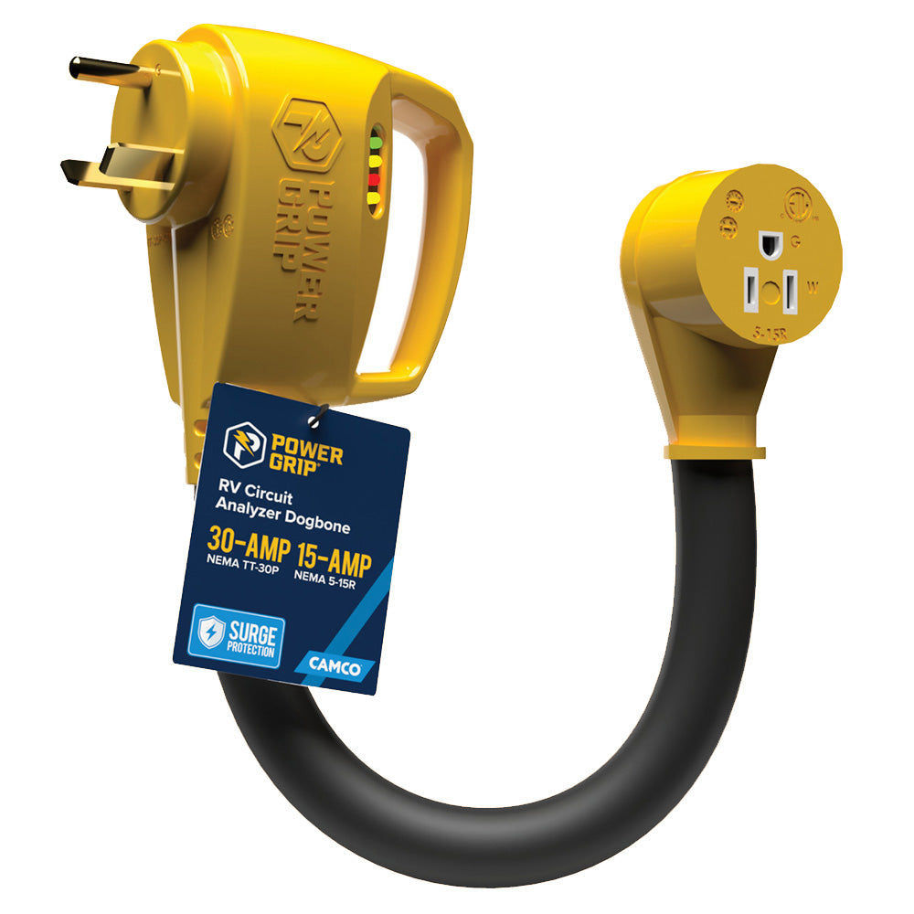 Camco Power Grip RV 12 30Amp Circuit Analyzer Dogbone  Integrated Surge Protection 55461 Main image