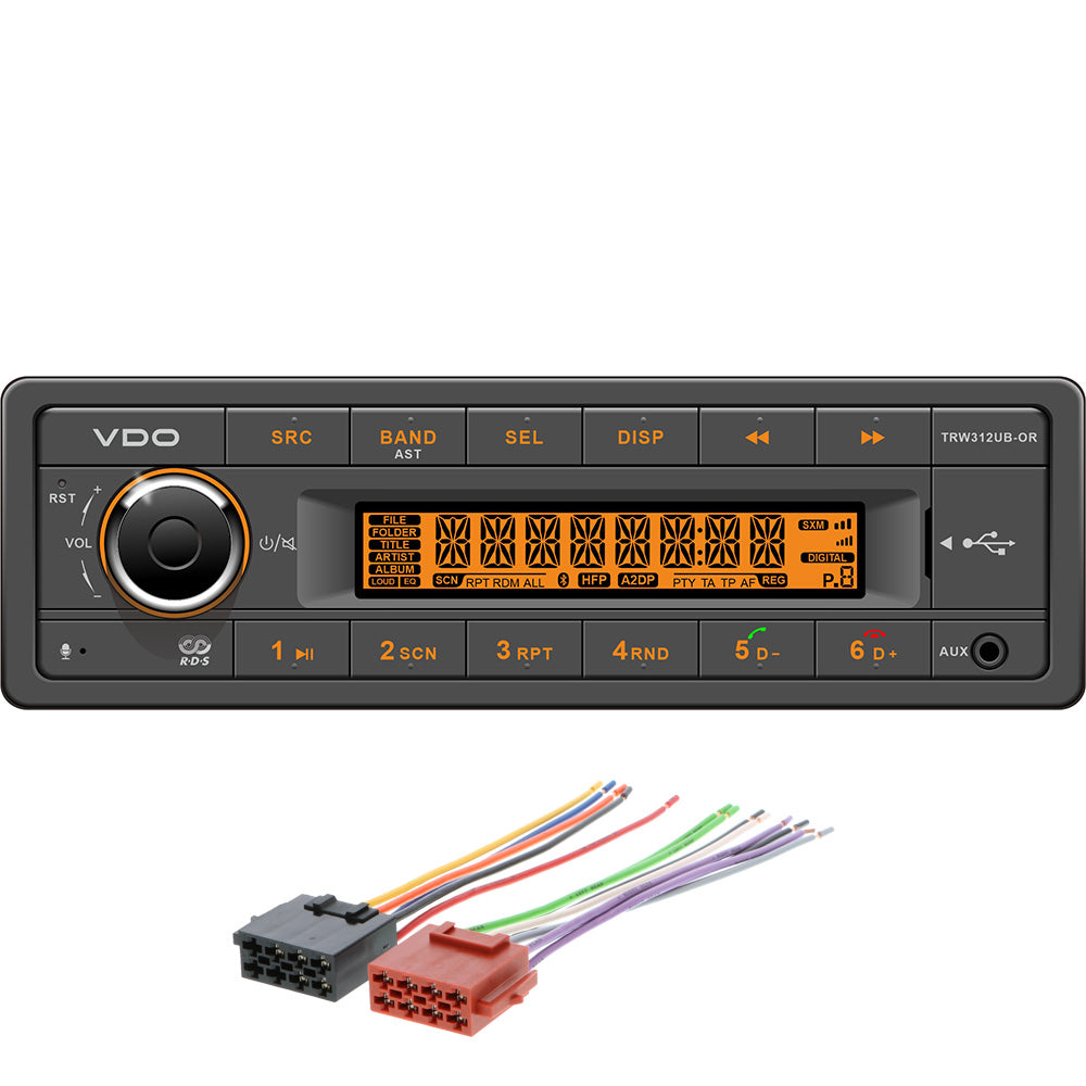 VDO 12V Radio wFM RDS Tuner MP3WMAUSBBluetooth  Orange Illumination  Includes Power Speaker Wire Harness TRW312UBORK Main image