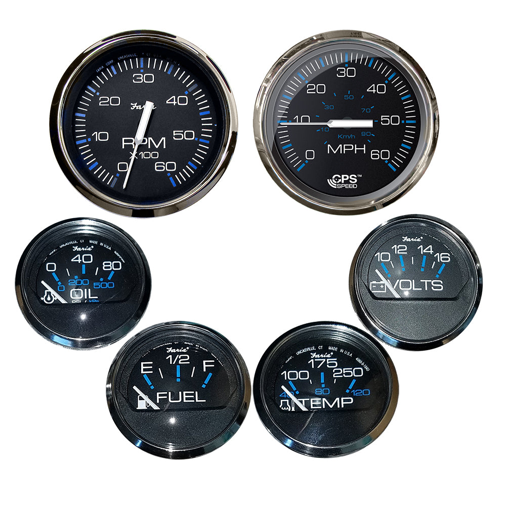 Faria Chesapeake Black wStainless Steel Bezel Boxed Set of 6  Speed Tach Fuel Level Voltmeter Water Temperature  Oil PSI Main image
