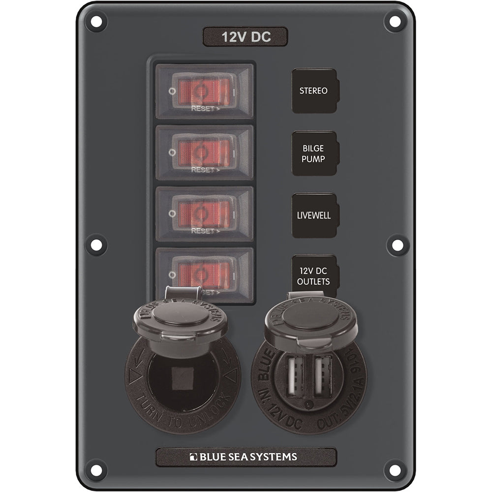 Blue Sea 4321 Circuit Breaker Switch Panel 4 Position  Gray w12V Socket  Dual USB 4321 Main image