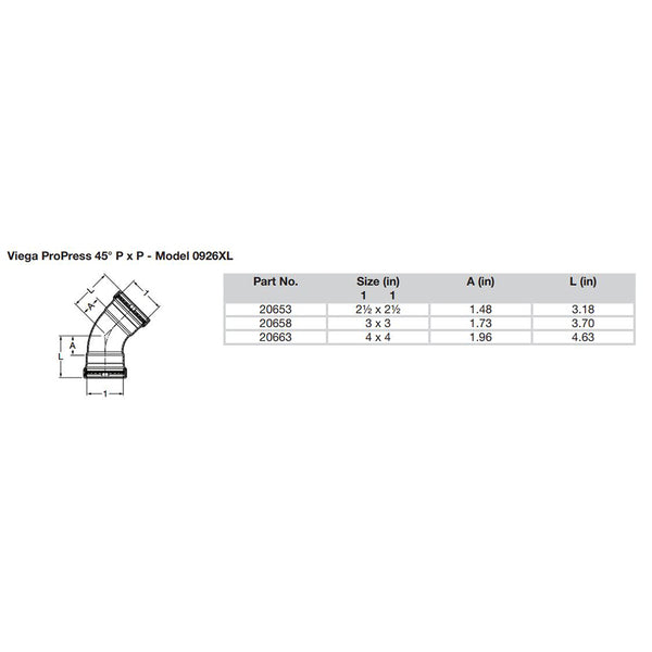 Viega ProPress 212  45 Copper Elbow  Double Press Connection  Smart Connect Technology 20653