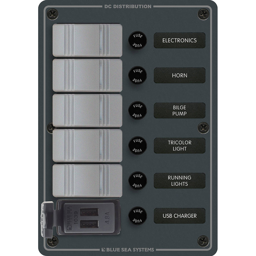 Blue Sea 8121  5 Position Contura Switch Panel wDual USB Chargers  1224V DC  Black 8121 Main image
