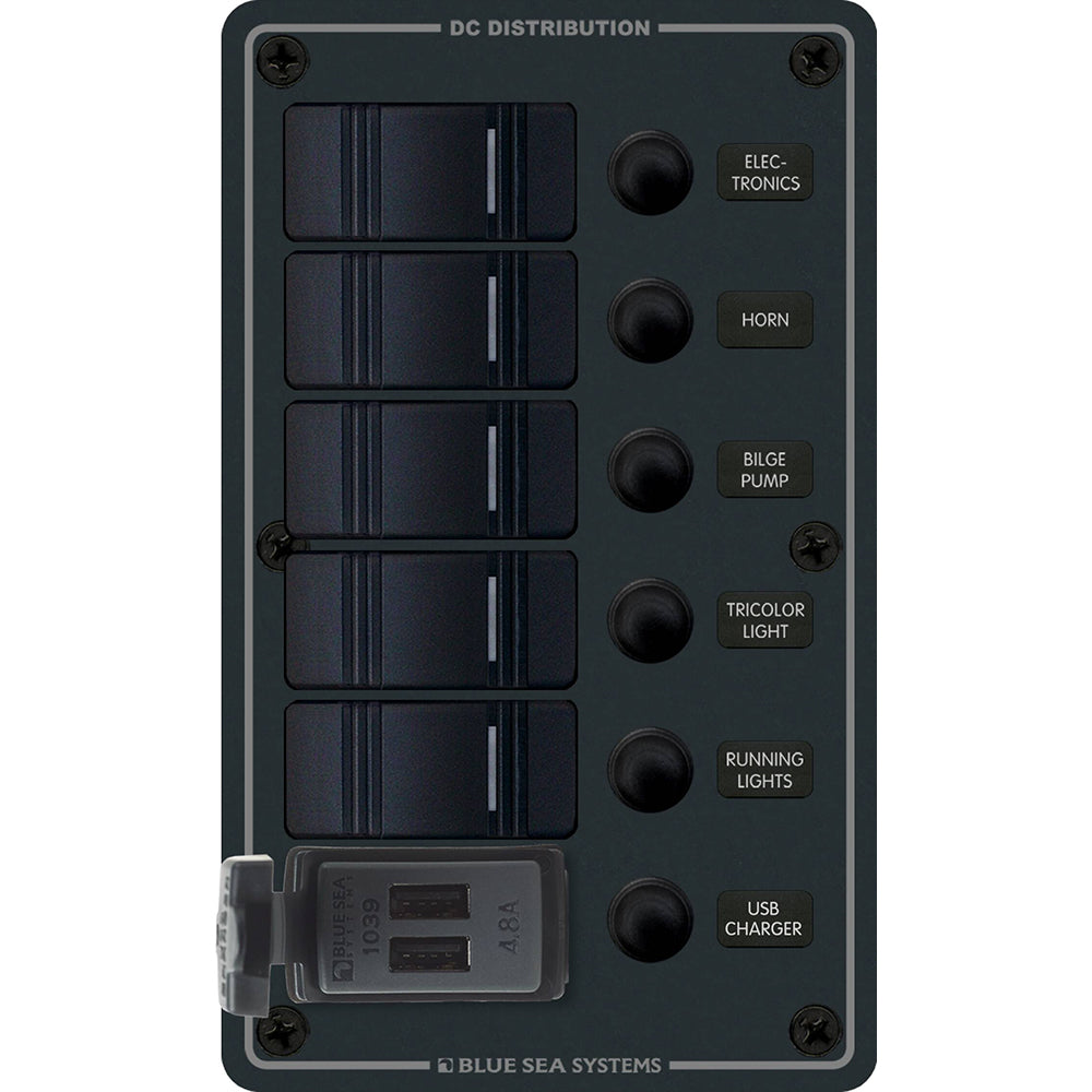 Blue Sea 8521  5 Position Contura Switch Panel wDual USB Chargers  1224V DC  Black 8521 Main image