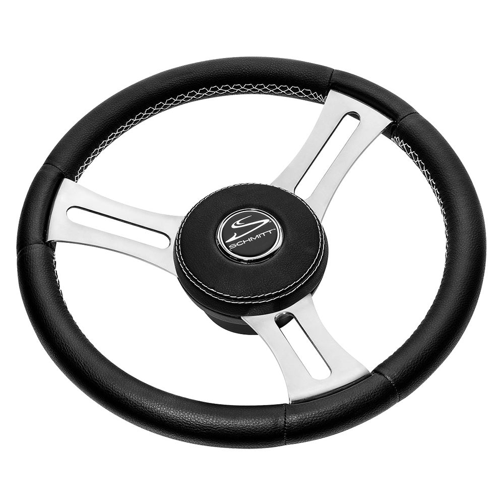 Schmitt Marine Torcello Elite 14 Wheel  Black Leather  Cap  White Stitching  Polished SS Spokes  34 Tapered Shaft Main image