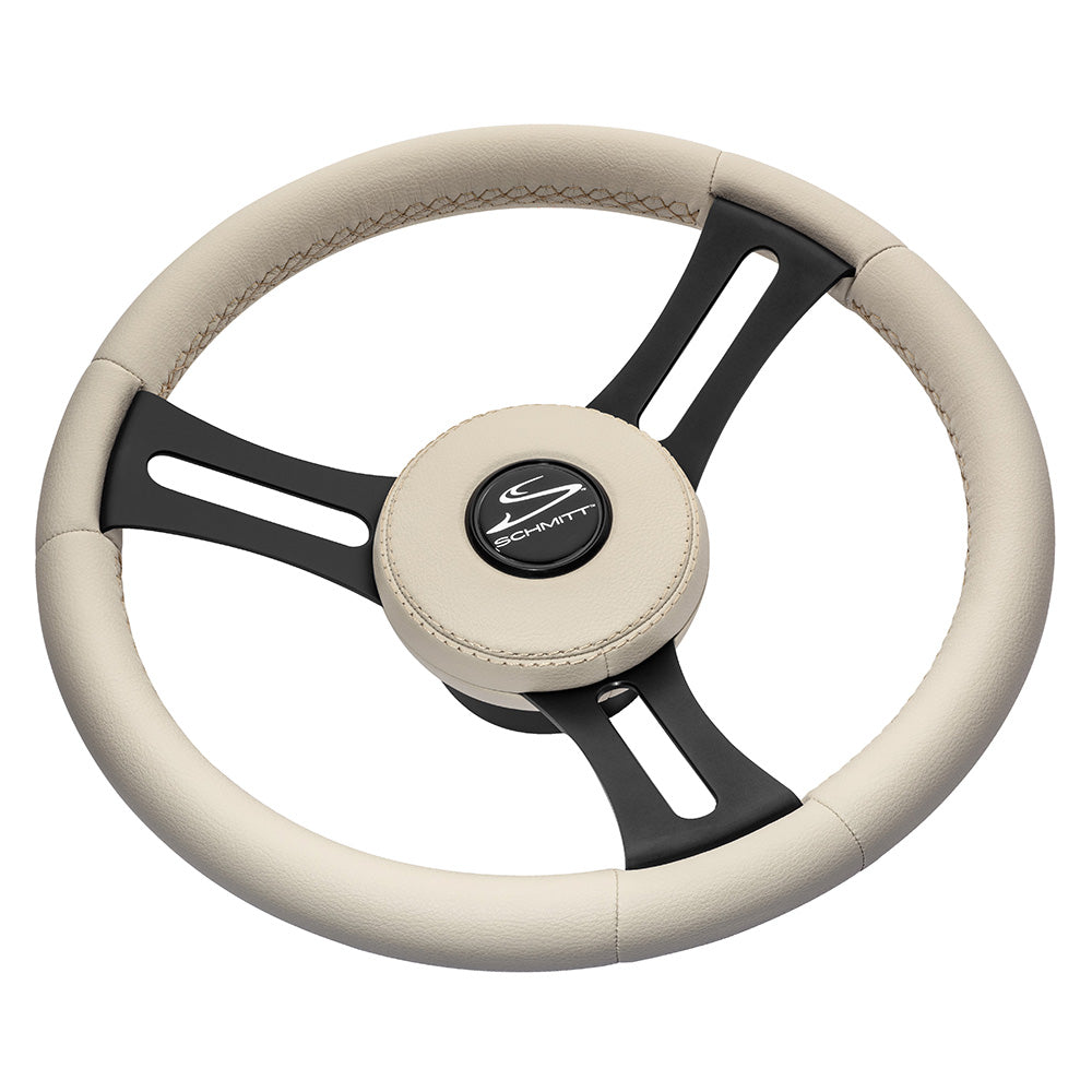 Schmitt Marine Torcello Elite 14 Wheel  Beige Leather  Cap  White Stitching  Black SS Spokes  34 Tapered Shaft PU081B11 Main image