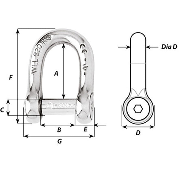 Wichard SelfLocking Allen Head Pin D Shackle  6mm Diameter  14 1303W