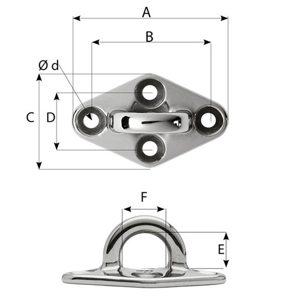 Wichard Diamond Pad Eye  Round  79mm Length 3764  M6 Screw 6645W